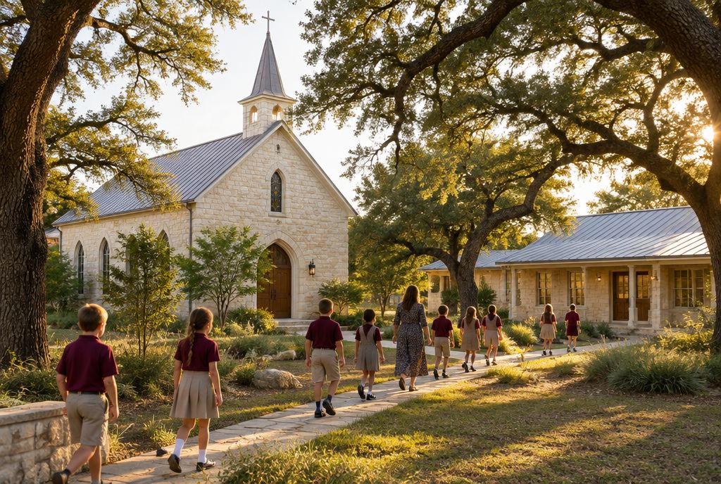 Students in khaki and maroon uniforms outside a limestone chapel school under Hill Country live oaks